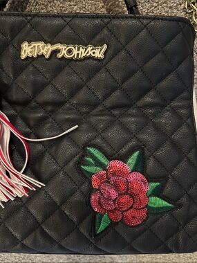Betsey Johnson Black Quilted Satchel with Pink Tassel and White Sides